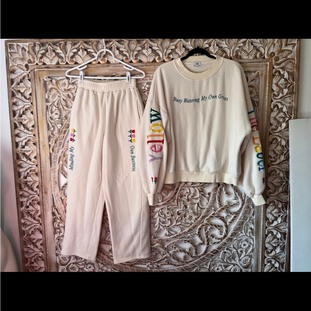 Cream Crewneck Sweatshirt w/ Rainbow Lettering & Embroidered Floral Accents - Picture 7 of 7